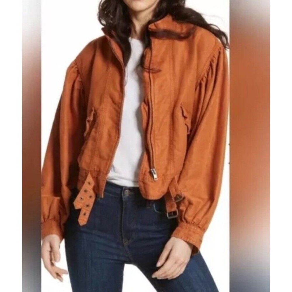 Free People Poet Puff Sleeve Bomber Jacket Womens Medium Orange Excellent Cond.